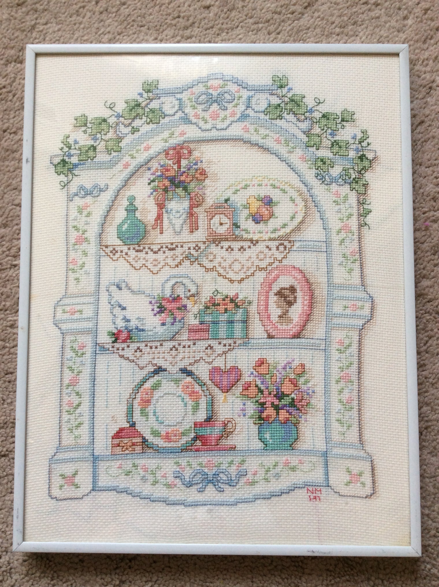 Cross Stitch Framed Art, Victorian Shelf Cross Stitch Art, Cross Stitched Doilies