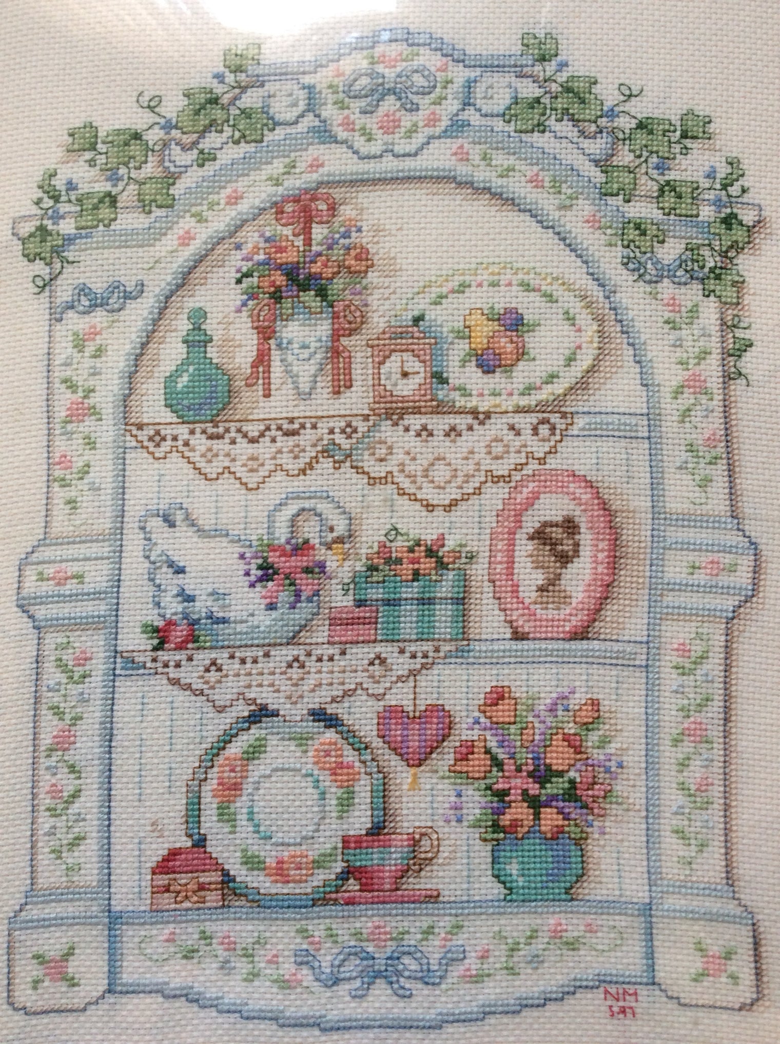 Cross Stitch Framed Art, Victorian Shelf Cross Stitch Art, Cross Stitched Doilies