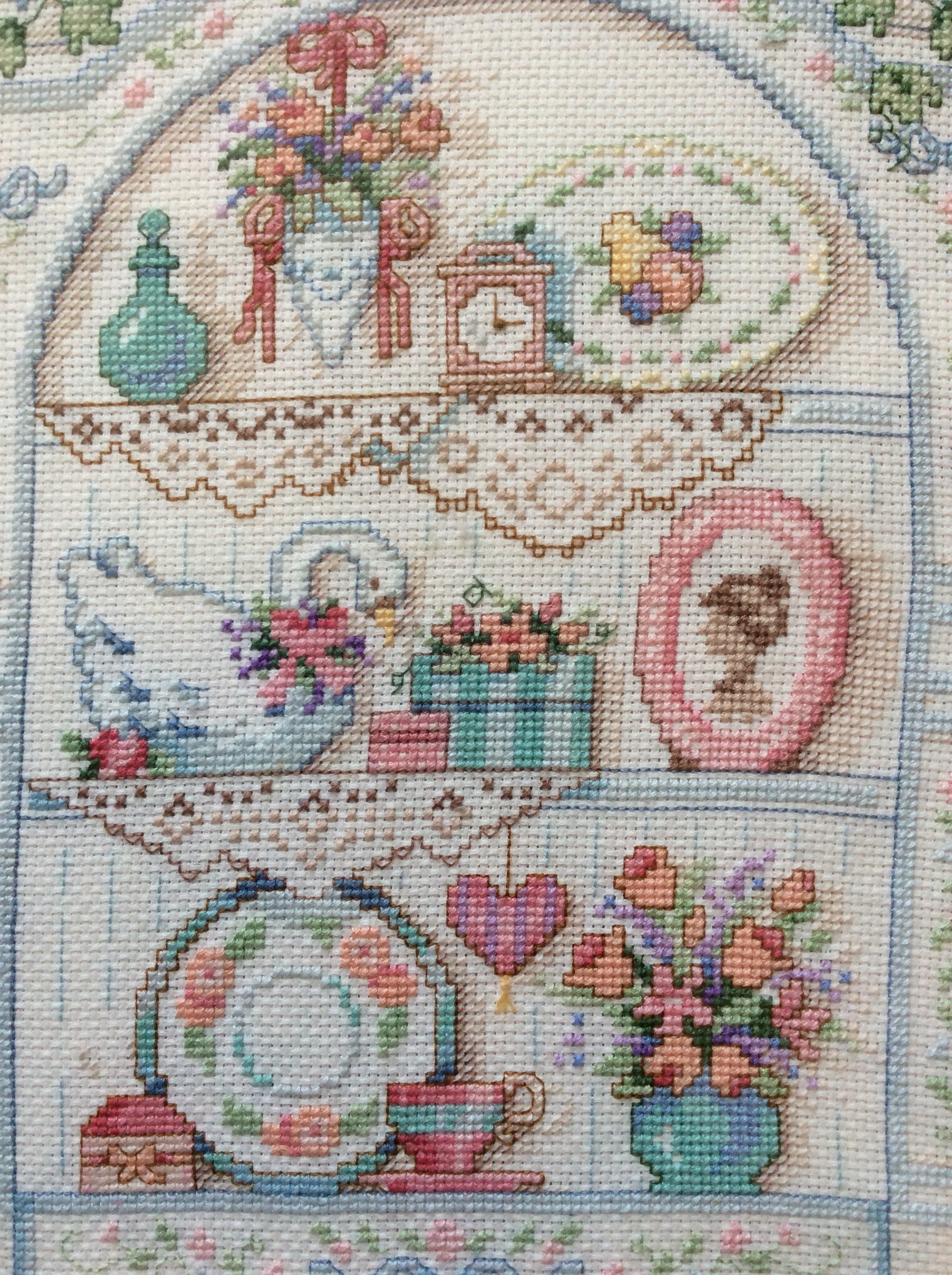 Cross Stitch Framed Art, Victorian Shelf Cross Stitch Art, Cross Stitched Doilies