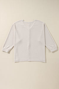 White Waffle Knit Side Slits Loose Fit V Neck Top