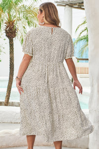 Beige Plus Size Leopard Print Frill Trim Short Sleeve Flared Dress
