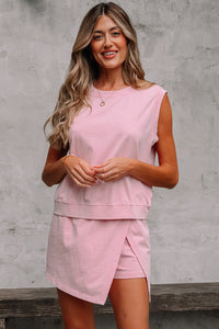 Light Pink 2 Pieces Mineral Wash Cotton Tank Top Lined Split Skirt Set
