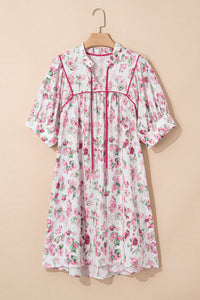 Pink Floral Split Neck Short Sleeve Loose Plus Size Mini Dress
