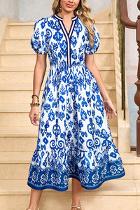 White Floral Puff Short Sleeve V Neck High Waist Maxi Dress