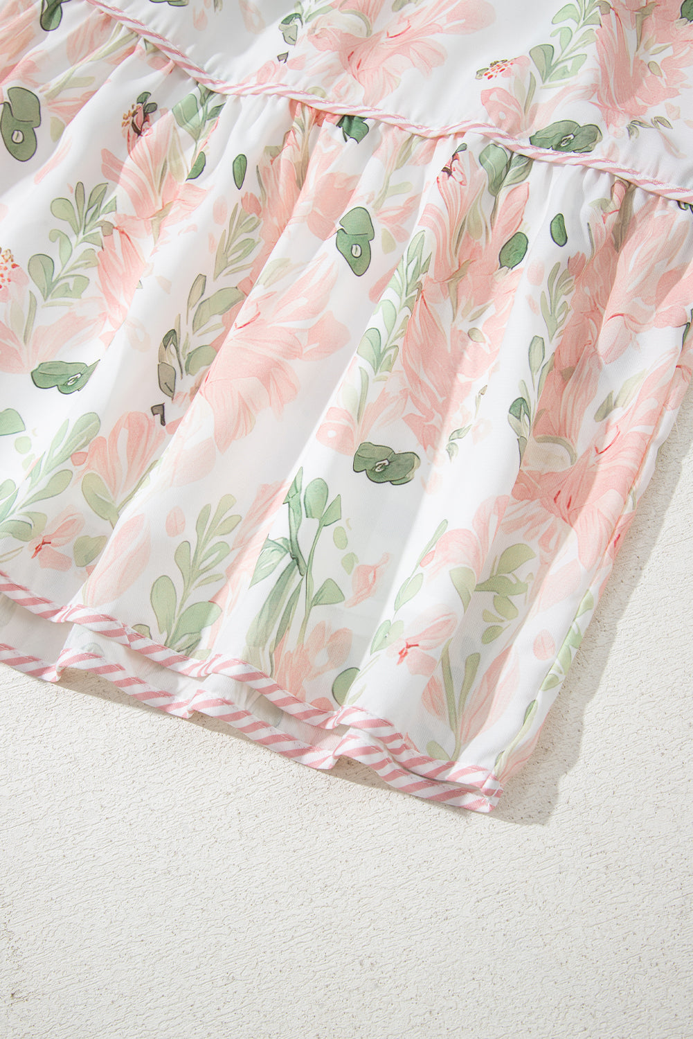 Pink Plus Size Floral Print Striped Detail Short Summer Dress