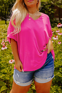 Black Seamed Back High Low Hem V Neck Cuffed Sleeve Plus Size Tee