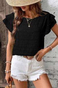 Dark Blue Textured Ruffled Sleeve Round Neck Top