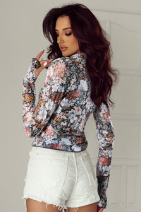Pink Floral Long Sleeve High Neck Sheath Mesh Top
