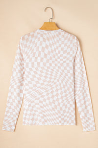 Black Checkered Pattern Mesh Mock Neck Long Sleeve Top