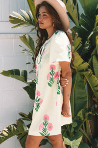 Blue Floral Short Sleeve Split Neck Loose Mini Dress