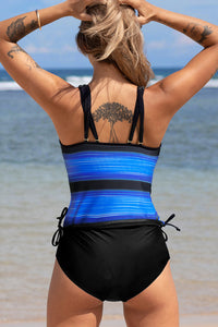 Black Printed Double Straps Printed Tankini Top with Shorts 2pcs Swimsuit