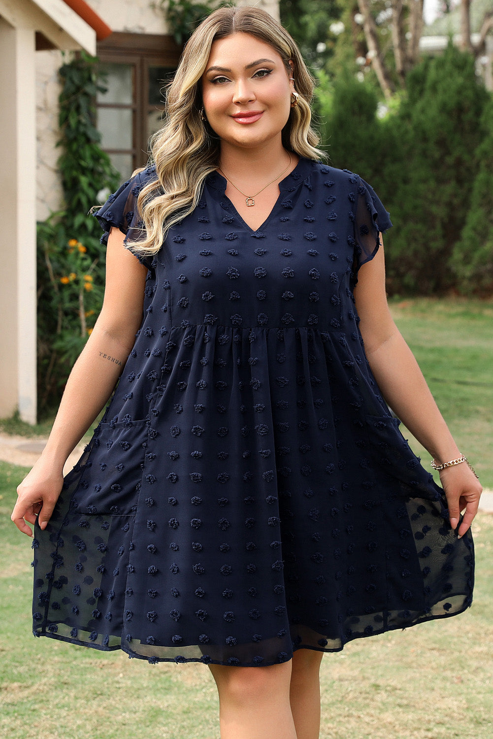 Black Dotty Textured Notched Neck Plus Ruffled Dress