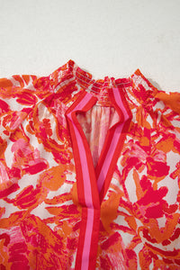 Rose Abstract Print Striped Trim Split Neck Blouse