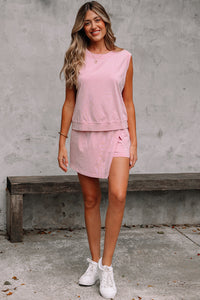 Light Pink 2 Pieces Mineral Wash Cotton Tank Top Lined Split Skirt Set