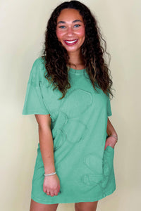 Sky Blue Mineral Wash Flower Patchwork Mini T Shirt Dress