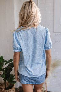 Sky Blue Floral Embroidered Puff Sleeve Notched V Neck Blouse