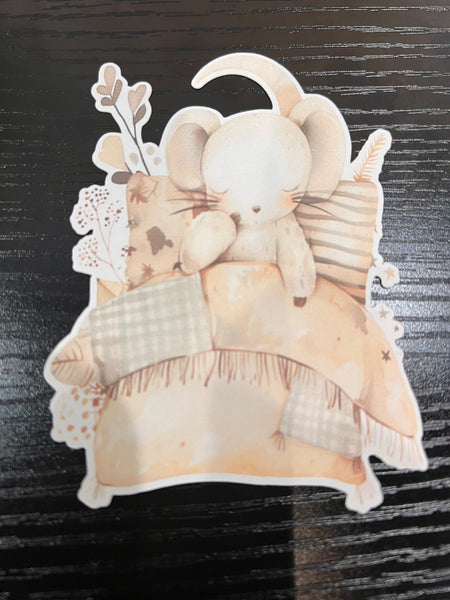 Woodland Creatures Handmade Die Cut Sticker - Sleeping Baby Mouse