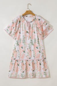 Pink Plus Size Floral Print Striped Detail Short Summer Dress