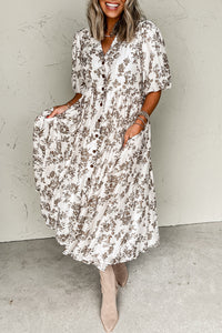 Khaki Floral Puff Sleeve V Neck Buttoned Front Maxi Dress