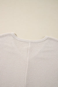 White Waffle Knit Side Slits Loose Fit V Neck Top