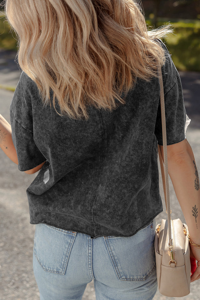 Black Floral Embroidered Mineral Wash Crew Neck T Shirt