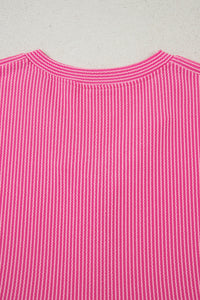 Bright Pink Spiral Ribbed Short Sleeve V Neck Buttoned Romper with Pocket