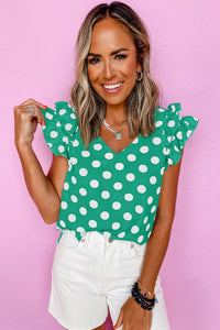 Black Polka Dot Print Ruffled Sleeve V Neck Blouse