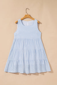 Light Blue Plaid Tiered A-line Sleeveless Mini Sundress