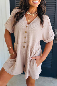Bright Pink Spiral Ribbed Short Sleeve V Neck Buttoned Romper with Pocket