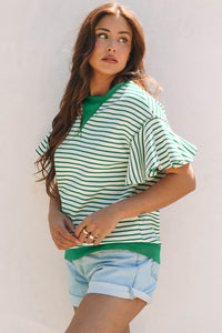 Bright Green Contrast Detail Striped Ruffle Short Sleeve Top