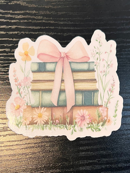 Books and Spring Flowers Pink Bow Cottage Core - Handmade Die Cut Stickers