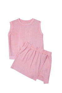 Light Pink 2 Pieces Mineral Wash Cotton Tank Top Lined Split Skirt Set