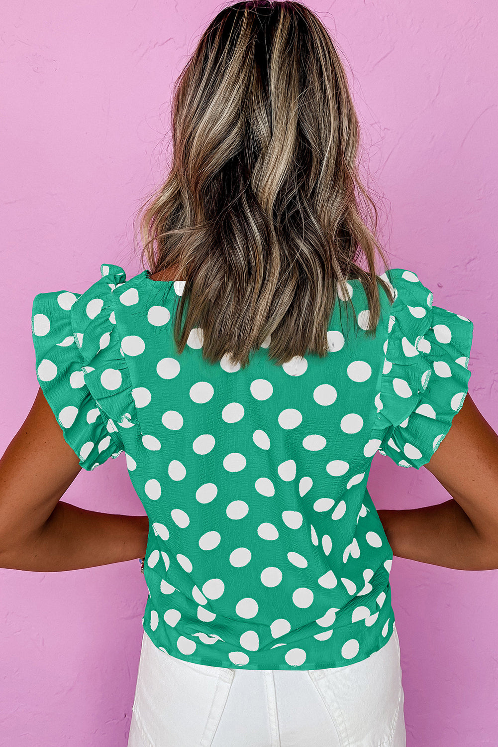 Black Polka Dot Print Ruffled Sleeve V Neck Blouse