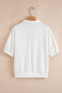 White Contrast Striped Collar Patchwork Textured Half Sleeve Blouse
