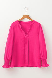Rose Red Solid Color Shirred Cuff Notch V Neck Blouse