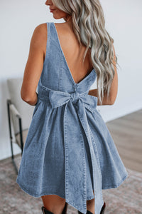 Sail Blue Square Neck Bowknot A-line Sleeveless Denim Dress