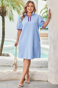 Beau Blue Contrast Striped Trim Zipped Stand Collar Textured Puff Sleeve Plus Size T Shirt Dress