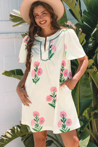Blue Floral Short Sleeve Split Neck Loose Mini Dress