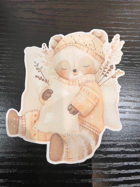 Woodland Creatures Handmade Die Cut Sticker - Sleeping Baby Raccoon