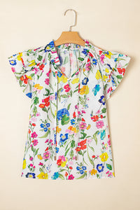 White Floral Print Ruffle Tiered Sleeve Split V Neck Blouse