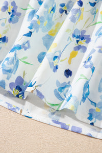 Sky Blue Floral Print Frilled Notched V Neck Blouse