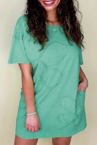 Sky Blue Mineral Wash Flower Patchwork Mini T Shirt Dress