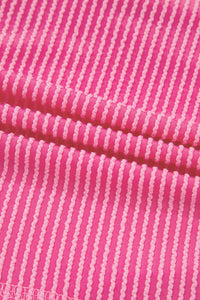 Bright Pink Spiral Ribbed Short Sleeve V Neck Buttoned Romper with Pocket