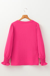 Rose Red Solid Color Shirred Cuff Notch V Neck Blouse