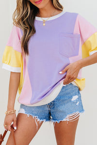Purple Color Block Patchwork Half Sleeve Oversized T Shirt