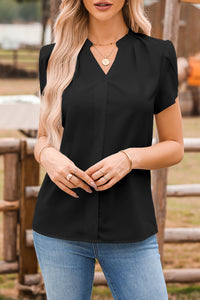 White Silky Notched Neckline Petal Sleeve Blouse