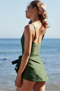 Black Side Tied Waist Square Neck Adjustable Straps A-line One Piece Swim Dress