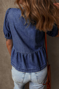 Dusk Blue Tied Front Bubble Sleeve Peplum Denim Shirt