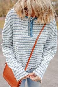 Sky Blue Stripe Textured Frilly Trim Buttons Henley Long Sleeve Top