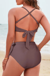 Chicory Coffee Crossed Straps Twisted Tropical Print Knot Side High Waist Bottom 2pcs Swimsuit